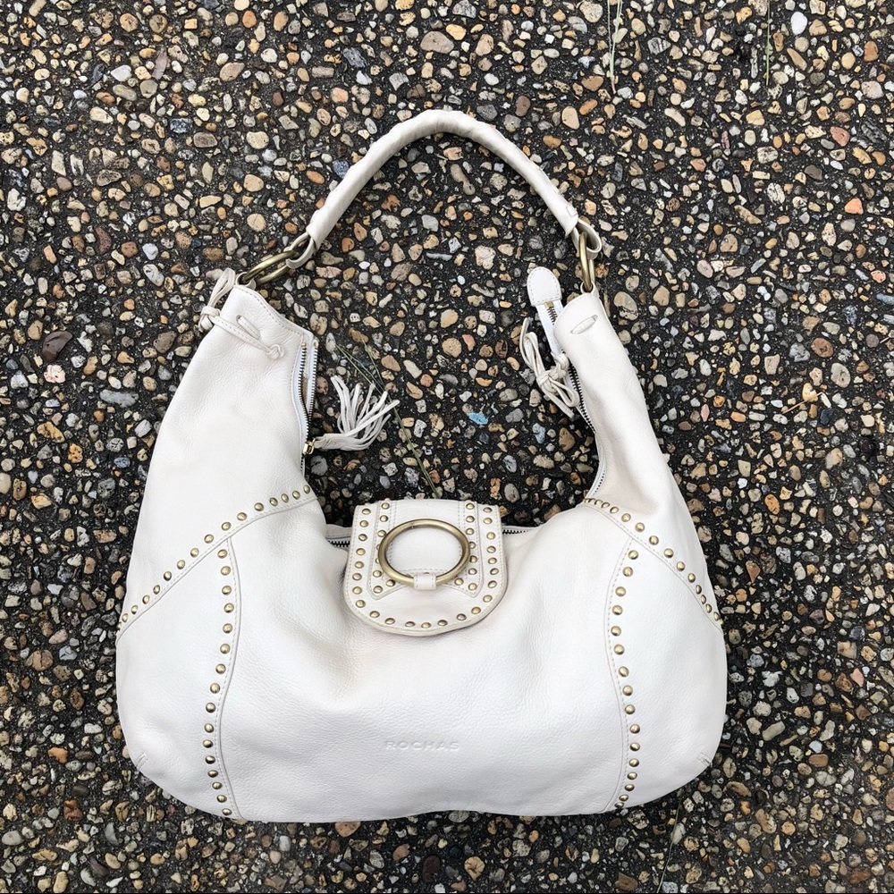 Absolutely gorgeous ROCHAS gold studded off white braided trim hobo southwestern